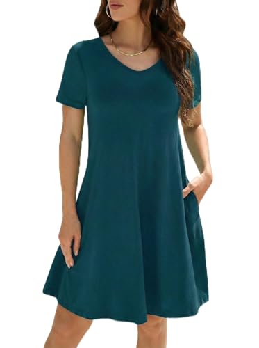 Image of KORSIS Dresses for Women Casual T-Shirt Summer Short Sleeve Loose Comfy Dress Swing Flowy Beach Vacation Sundress with Pocket