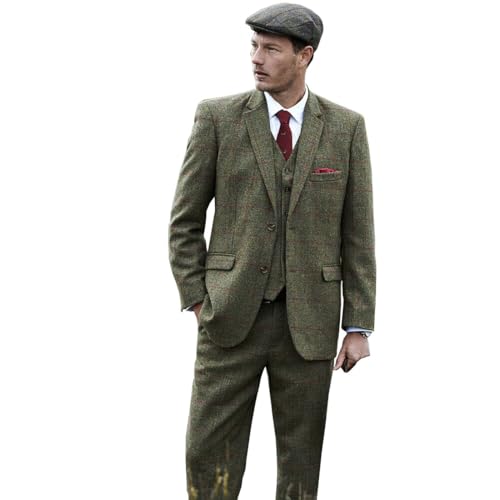 Vintage Green Tweed Herringbone Wool Men Suit 3 Pieces Check Plaid Striped Blazer Vest Pant