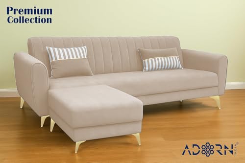 Image of Adorn India Premium Luster 4 Seater L Shape Sofa Set | Velvet Suede Fabric | 3-Year Warranty | Color Cream with Golden Legs & Striped Pattern Cushion