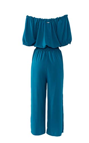 Macacão ombro a ombro pantalona em crepe com mangas bufantes e fenda amarelo Donna Brasiliana (Amare