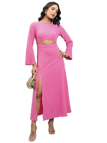 Tokyo Talkies Pink Striped Flared Sleeves Cut-Out Detailed Midi A-Line Dress