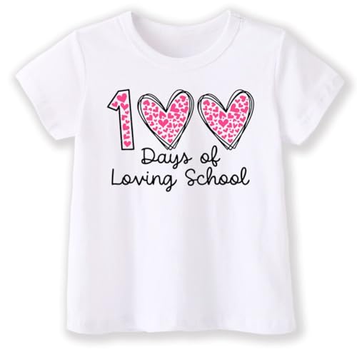 Image of Kids Little Boys Girls 100 Days of School Shirt Short Sleeve Funny Graphic Letters Print Celebration Top