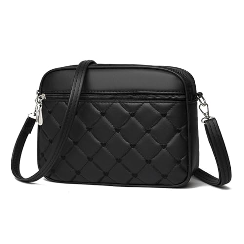 FENGQQKJ Damen Handy Umhängetasche PU Leder Crossbody Bag Schultertasche Handtasche Damen Klein Stylisch Handytasche Tasche Schwarz Gesticktes Herzkaro Handbag mit Abnehmbarem Schultergurt für Female