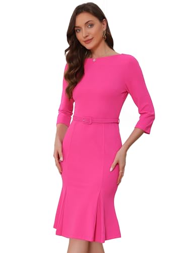Allegra K Business Elegant Funeral Dresses for Women's Boat Neck 3/4 Sleeve Pleated Modest Midi Dress X-Small Hot Pink
