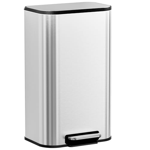 Clevich Cubo de basura de cocina de 30 L/50 L con tapa de cierre suave y pedal de pie, cubo de basura cuadrado con cubo interior extraíble y asa, cubo de basura de acero inoxidable, a prueba de