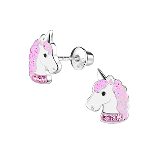 Penny & Piper Toddler Screwback Earrings Hypoallergenic for Ages +3 - Sterling Silver Earrings for Little Girls & Kids Stud Earrings - (Unicorn Glitter with Gem, 1 Pair)