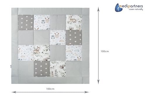 Medi Partners Krabbeldecke für Baby Spielmatte 100% Baumwolle Krabbelmatte - 100x100cm Krabbeldeck Dick Weich Decke Laufgittereinlage Babydecke Minky Waffel Spielbogen (Hirsch in Blättern)