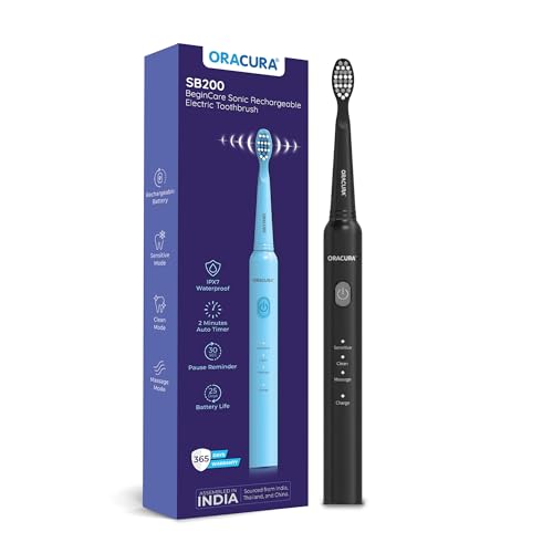 ORACURA SB200 Black Electric Toothbrush for Men & Women, 1 Year Warranty, 36,000 strokes/min, 3 Modes, IPX7 Waterproof, 25 Days Charging Time Cycle, 2