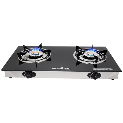 Double Burner Propane Gas Cooktop,Camping Portable LPG Gas Stove, Auto Ignition Tempered Glass Countertop with regulator for Outdoor Kitchen,Camping,RV