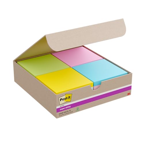 Image of Post-it Super Sticky Notes Pack of 16 Pads, 90 Sheets Per Pad, 76 x 76 mm, Pink, Orange, Blue, Green, Yellow - Extra Strong Sticky Notes for To-Do Lists and Reminders