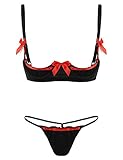 iEFiEL Damen Dessous-Set 2tlg. Unterbrust BH Hebe und Ouvert-String Tanga Spitze Reizwäsche verführerische Unterwäsche Schwarz One Size
