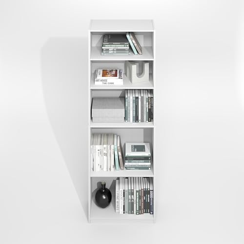 Image of Furinno Jaya Simply Book Shelf, 5-Tier Bookshelf, Bookcase with Adjustable Shelves, 9.5 x 24.5 x 71.2, for Living Room, Bedroom, Home Office, Plain White