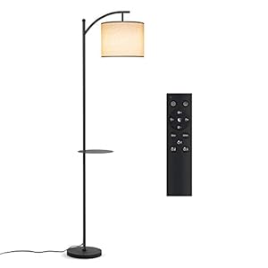 Tomons Staande lamp woonkamer met afstandsbediening, traploos dimbaar vloerlamp, kleurtemperatuur instelbaar, E27 led, hangende stoffen lampenkap, afneembare opbergplaat, retro, voor slaapkamer, kantoor