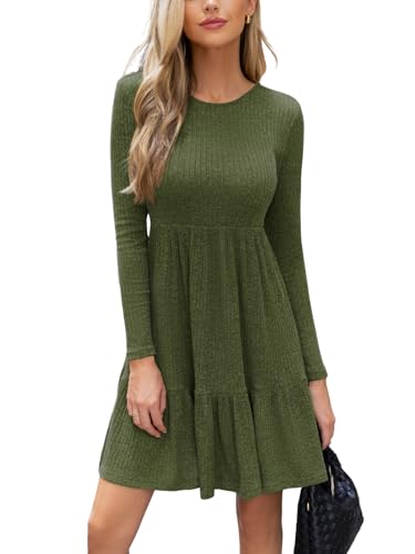CUPSHE Fall Dress for Women 2025 Casual Round Neck Long Sleeve Knit Ruffled Fitted A Line Mini Spring Sweater Dress Olive Green, M