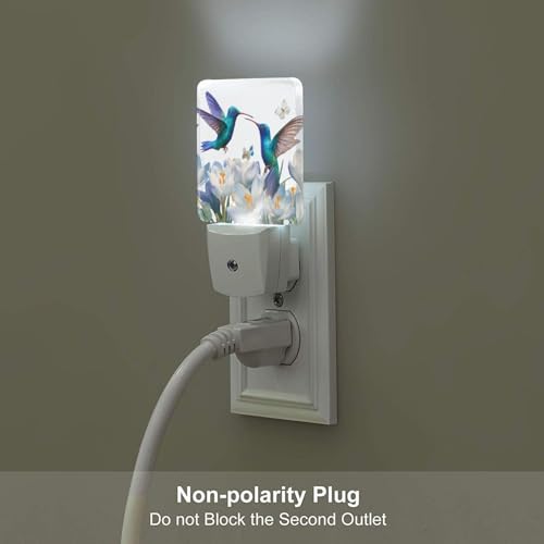 Image of Blue Hummingbirds Night Light Set of 2, White Flowers Auto Sensor LED Dusk-to-Dawn Nightlights, Plug-in Sensor Lamp for Bedroom Bathroom Kitchen Hallway Stairs Decorative