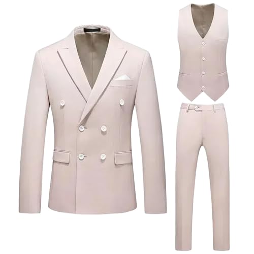 Men Full Notched Lapel Double Breasted 3-Piece Wedding Graduation Casual Banquet Suit Champagne