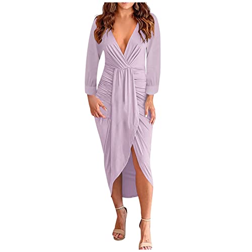 KUNOVO Robe Femme de Cocktail 2023,Cocktail Femme Tendance Robe Tunique Respirant Printemps r Mariage Slimfi Cocktail Femme Uni Au Genou Col V Manches Longues Violet Clair Mauve,S Cover