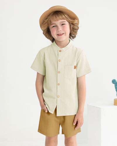 Image of WESIDOM Toddler Boy Clothes Button-Down Shirts+Short Sets Boy's 2 Piece Beach Outfits with Pockets 18M-7Y
