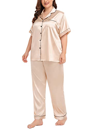 Image of SWOMOG Women's Plus Size Pajamas Silk Satin Pajama Set Short Sleeve Shirt with Full-Length Pants Pjs Sleepwear Set 18W-26W