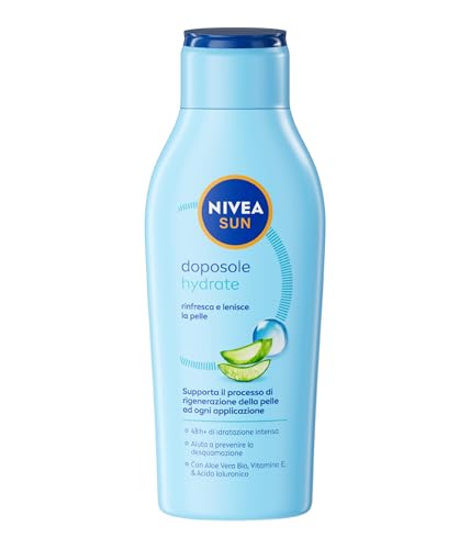 NIVEA SUN Doposole Hydrate Maxi Formato 400 ml, Dopo sole idratante 48h, lenitivo e rinfrescante, Aftersun con Aloe Vera Bio, Vitamina E e Acido Ialuornico, Assorbimento rapido, Tutti i tipi di pelle