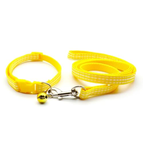 Small Dog Puppy Pet Collar and Lead Set Check Design Nylon Adjustable Size 19-32cm Collar with Bell and 120cm Leash Yellow - Image 2