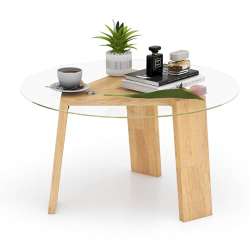 Table basse ronde moderne avec plateau en verre trempé et pieds en bois d'hévéa Design compact pour salon, chambre à coucher et bureau
