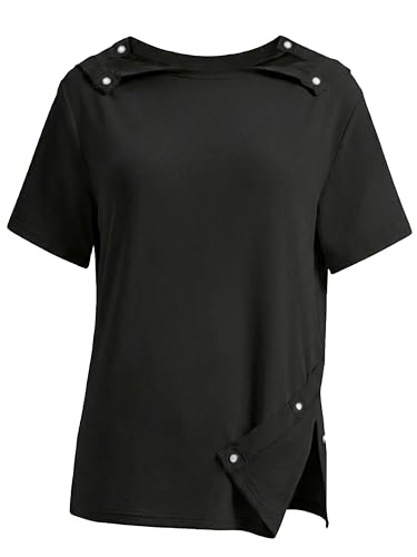 Ecavus Post Shoulder Surgery Shirts with Magnetic Buttons for Women Tear Away Short Sleeve After Rotator Cuff Shirts Chemo Port Adaptive Clothing Black L