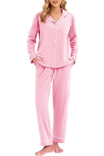 Image of LUBOT 100% Cotton Pajamas for Women PJ Set Soft Button-Down Long Sleeve Shirt Two-piece Set Warm Sleepwear Loungewear Set (Pink, L)
