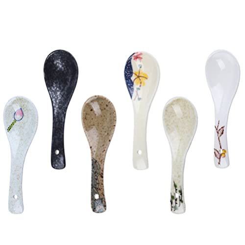 HEMOTON 6ピースセラミックスープスプーン和風ディナースプーンフラットウェアアジアン中国語サービングスプーンライススプーン前菜食器食器食事パートナー盛り合わせ色
