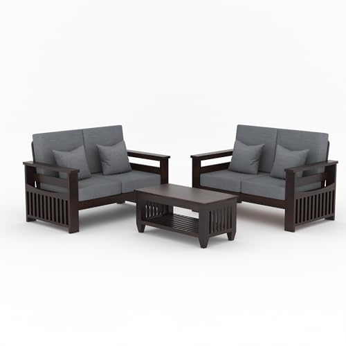 Image of Sheesham Wooden 4 Seater Sofa for Living Room | Rosewood 4 Seater Cushion Sofa Side Half Moon Rack | Solid Wood Sofa Set for Lounge (-2+2,Walnut Finish)
