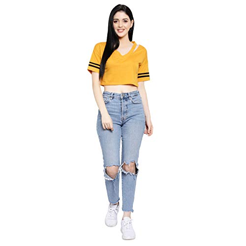 Image of LE BOURGEOIS Women Solid Loose Fit Desiger V-Neck Short Sleeve Dance Party Casul Crop Top