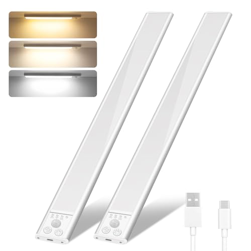 flintronic 2PCS Luz de Armario Recargable, 30CM Luz LED Armario con Sensor de Movimiento, Luces armario Magnéticas con 3 Color USB-C Recargable, para Gabinete Pasillo Escalera Sótano Cocina