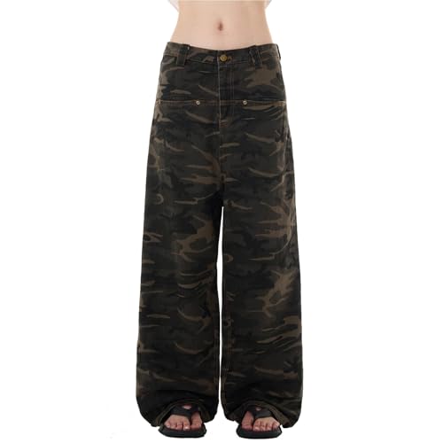 Pantalones vaqueros para mujer elegantes pantalones de camuflaje retro con pierna recta y pierna ancha para mujer, camuflaje, XL