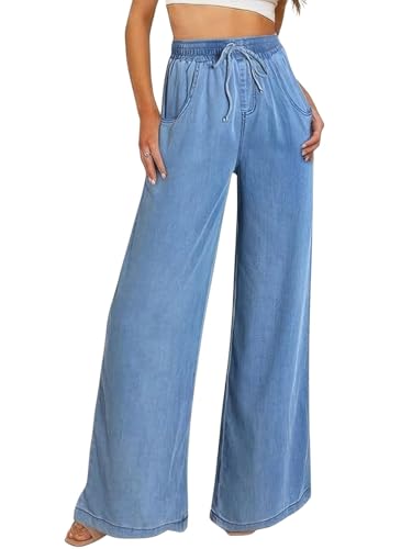 ebossy Womens Trendy Drawstring Straight Leg Jeans Elastic High Waisted Pull On Jeans Wide Leg Denim Pants