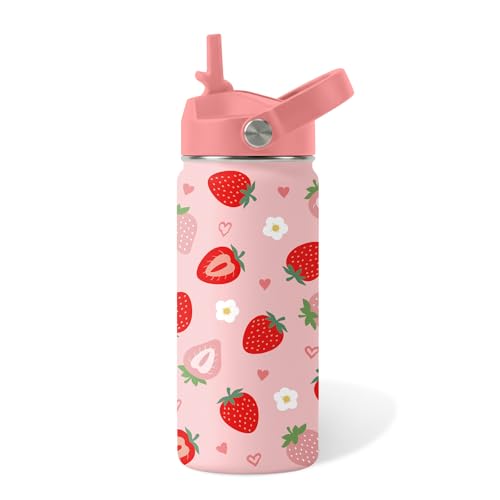 Strawberry Gifts for Kids - 16oz Pink Kids Water Bottle with Straw Lid, Stainless Steel Insulated...
