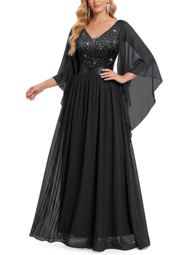 Image of Miusol Women's Deep-V Neck Lace Contrast Sequin Formal Evening Maxi Dress
