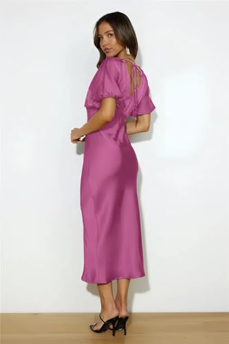 Image of Summer Satin V Neck Puffy Sleeves Empire Waist Midi Dresser Silk Sexy Tie Back Formal Cocktail Dresser for Women Wedding