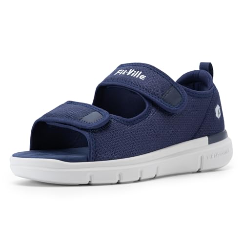 FitVille Weit Offene Diabetiker Sandalen Herren Orthopädische mit Klettverschluss Verstellbare Gesundheitsschuhe Verbandschuhe bei geschwollene Füße Reha-Schuhe Ödeme Hausschuhe Marineblau 43 EU Weit