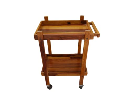 Image of 3-Tier Solid Wood Rolling Bar Cart, Wine Serving Trolley (3 tier, Brown Polish) (Style 11)