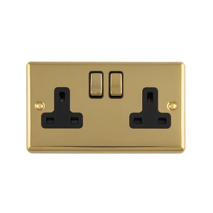 Kooples Hardware Enhance Decorative Socket 1 or 2 Gang Modern Electrical Wall Outlet (Polished Brass, 2 Gang with Black Trim)