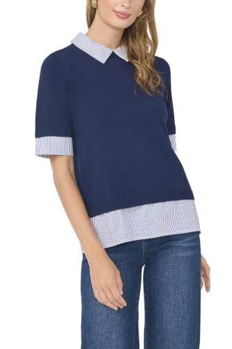 Vince Camuto Manga curta gola redonda Twofer, Azul-marinho clássico, P