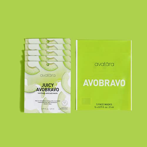 Avatara Juicy Avobravo Soothing Facial Mask, Beauty And Skincare Sheet Masks With Avocado Extracts And Clean, Natural Ingredients For Moisturizing, Calming And Refreshing Irritated Skin (5-Sheet Set) #TOP4