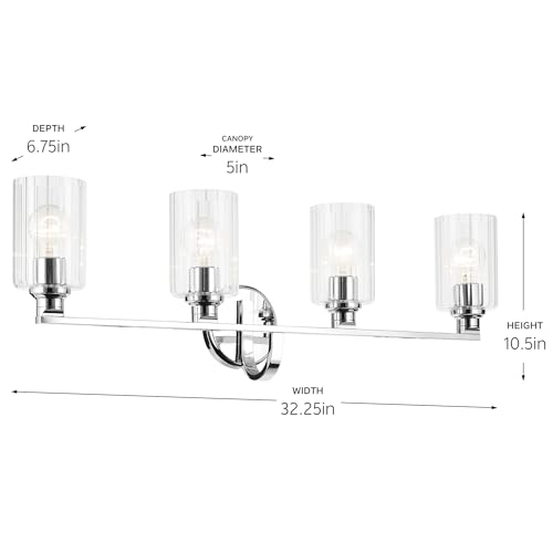 Image of Kichler Gioe 32.25 inch 4-Light Bathroom Vanity Light Fixture with Clear Fluted Glass in Chrome, Damp Rated for Over Mirror, Powder Room (32.25 inch W x 10.5 inch H), 55227CHFLU