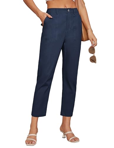 GRACE KARIN Women's Cropped Work Pants High Waisted Business Casual Tapered Leg Trousers with Pockets Navy Blue S