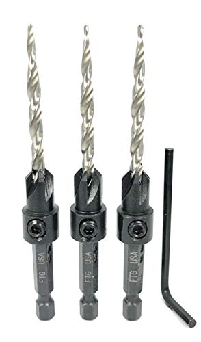 FTG USA Wood Countersink Tapered Drill Bit Set Improved 3 Piece All Same Size #8 (11 64 ) Adjustable Depth HSS Woodworking Taper Point Bits with ¼” Quick Change Shank and 1 Hex Wrench (1 8  Allen Key)