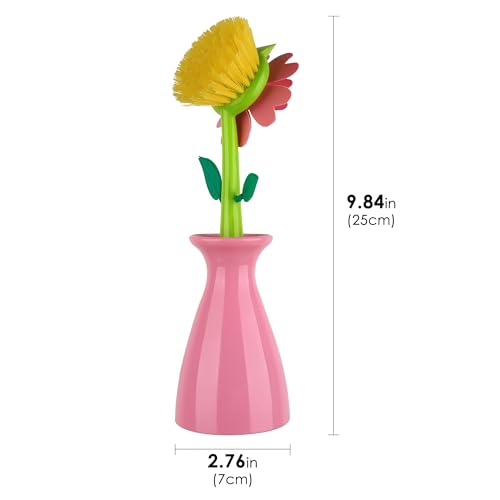 Image of Long Handle Flower Pot Brush, Florganic Dish Brush with Vase, Long Handle Dish Brushs Kitchen, for Cleaning Pot Pan Sink Kitchen Supplies Decorative Vase (2Pcs Pink)