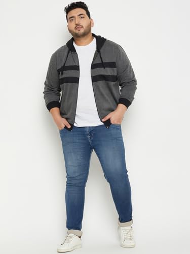 Image of AUSTIVO Men's Grey Full Sleeve Striper Hooded Plus Size Sweatshirt