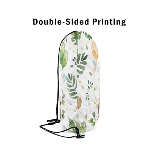 Erosebridal Cute Hippo Drawstring Backpack 13x15.7, Kawaii Animals Balloons Drawstring Bags For Sport, Cartoon Leaves Foldable Draw String Back Bag, Green White Wildlife Printed String Backpack4