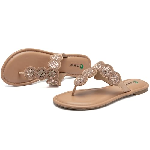 Image of Ataiwee Women's Bohemian Bling Flat Slide Sandals - Casual Summer Thong Sandals with Rhinestone Decor, Rubber Sole, Lightweight & Comfortable for Casual Attire Strappy Sandals.