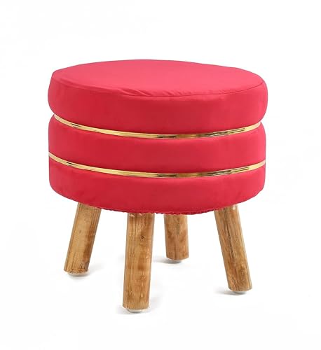 Image of Living Room Round Wooden Velvet Ottoman with Footrest and Linen Fabric Padded Seat Pouffe Ottoman with Round Shape and Office Stool- Pink